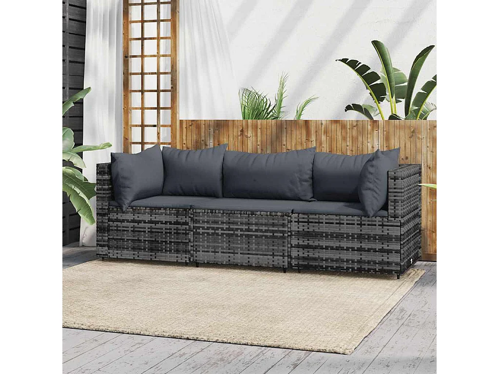 3-tlg. Garten-Lounge-Set mit Kissen Grau Poly Rattan
