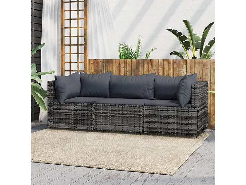 3 pcs conjunto lounge de jardim c/ almofadões vime PE cinzento