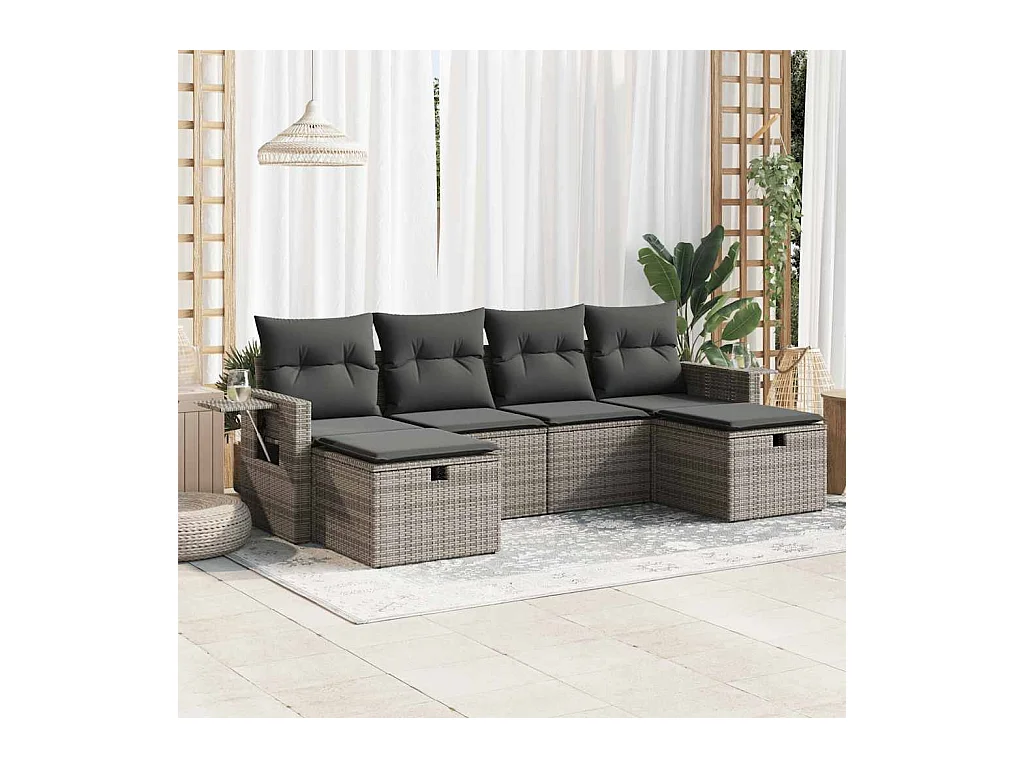 Set de muebles de jardín 6 pzas y cojines ratán sintético gris