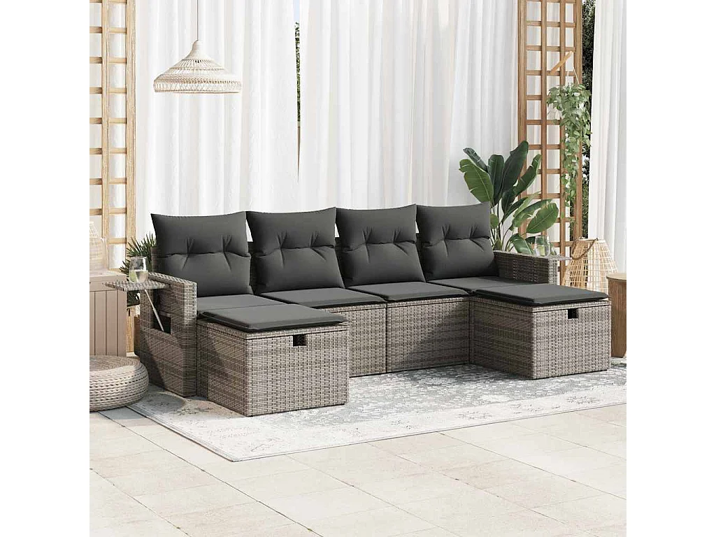 6 pcs conjunto sofás de jardim com almofadões vime cinzento
