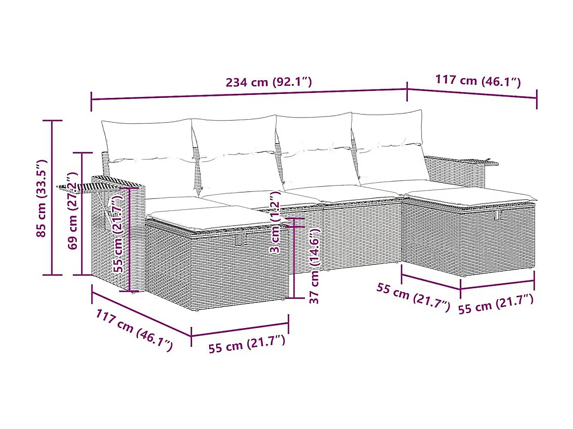 6 pcs conjunto sofás de jardim com almofadões vime cinzento
