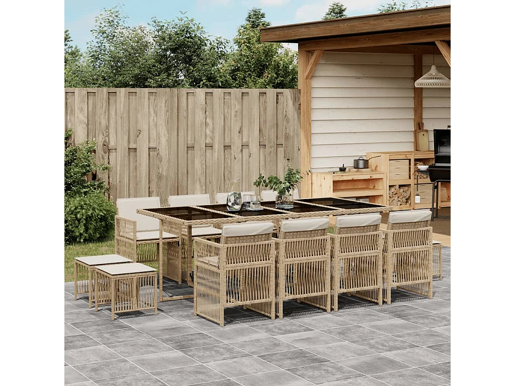 Set comedor de jardín con cojines 13 pzas ratán sintético beige