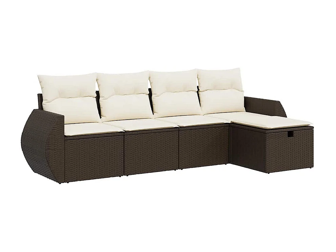 Set Divano da Giardino 5 pz con Cuscini Marrone in Polyrattan