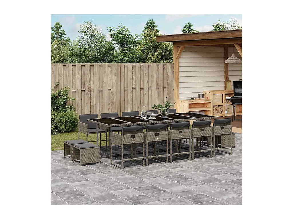 Ensemble à manger de jardin 15 pcs coussins gris résine tressée