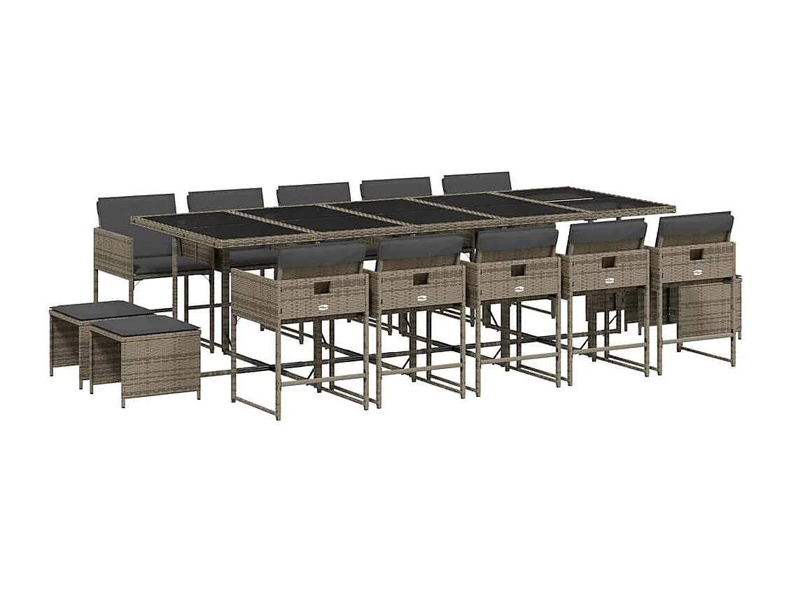 15 pcs conjunto jantar p/ jardim c/ almofadões vime PE cinzento