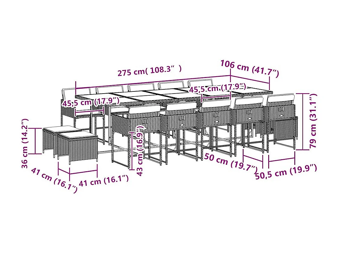 15 pcs conjunto jantar p/ jardim c/ almofadões vime PE cinzento