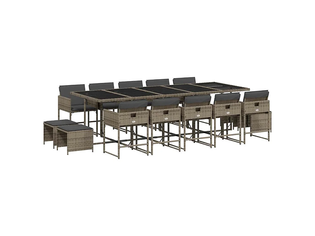 Set comedor de jardín con cojines 15 pzas ratán sintético gris