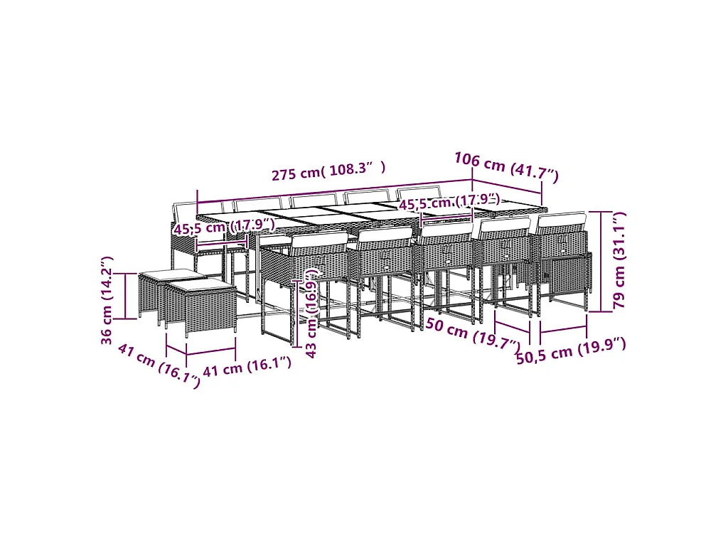 Set comedor de jardín con cojines 15 pzas ratán sintético gris