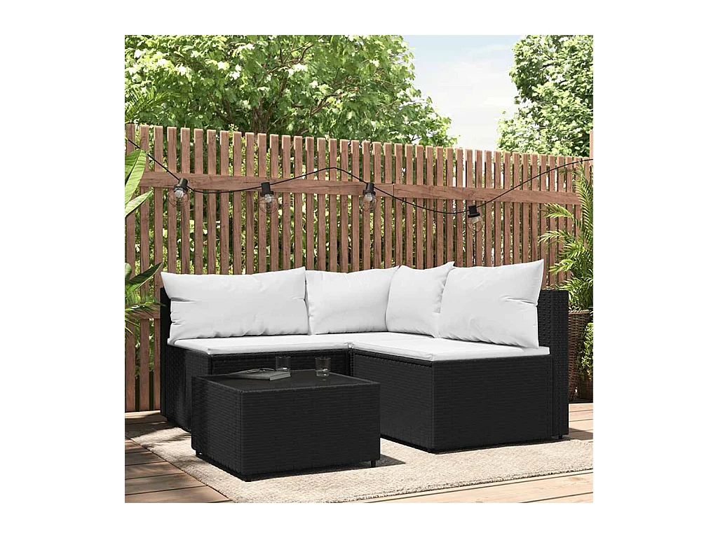 4 pcs conjunto lounge de jardim c/ almofadões vime PE preto