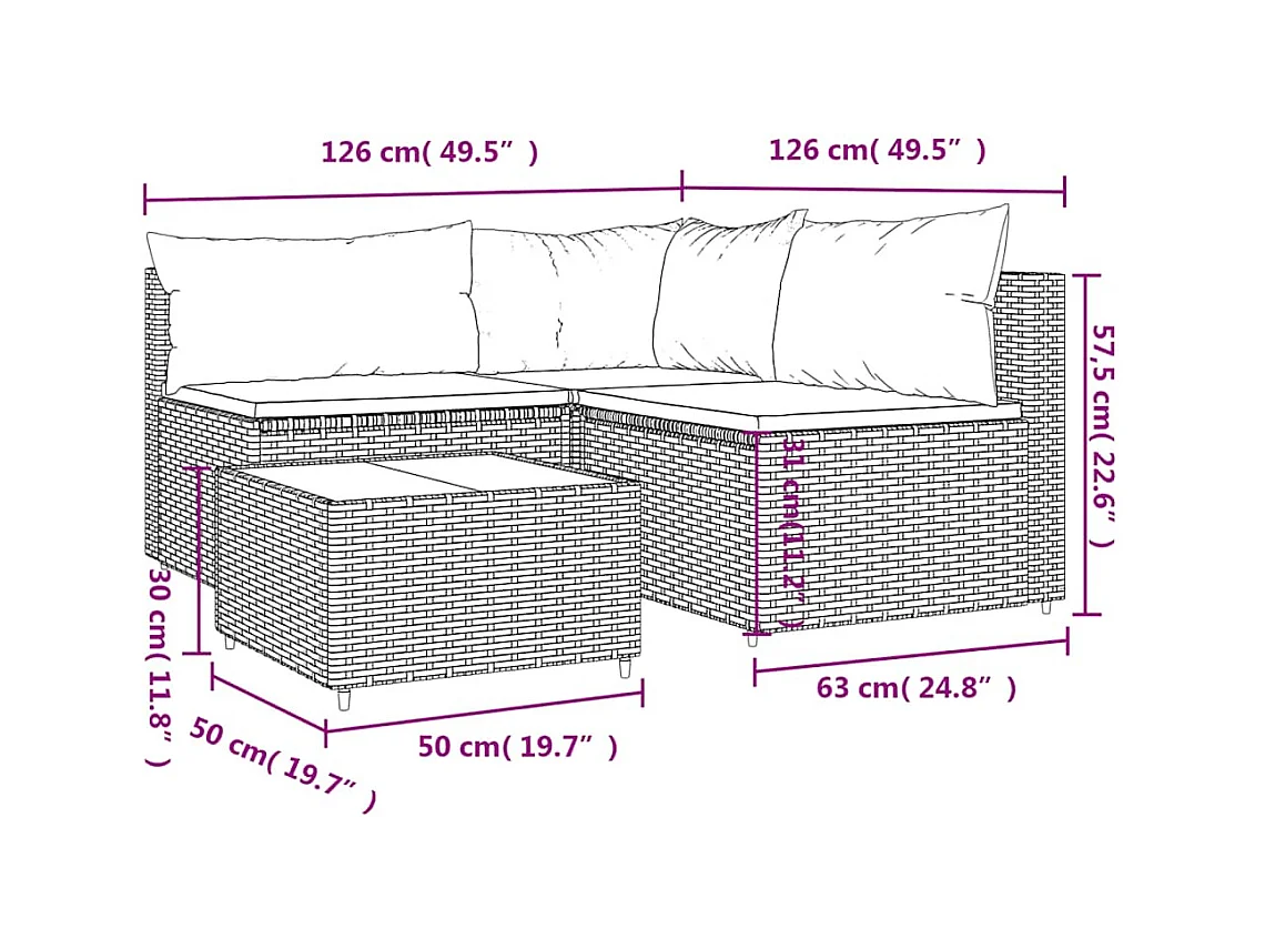 4-delige Loungeset met kussens poly rattan zwart