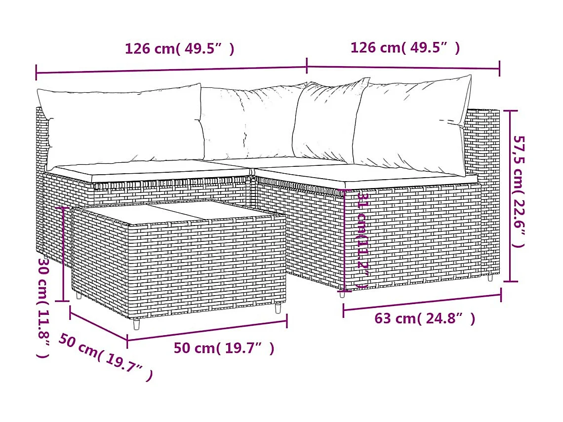 4-tlg. Garten-Lounge-Set mit Kissen Schwarz Poly Rattan