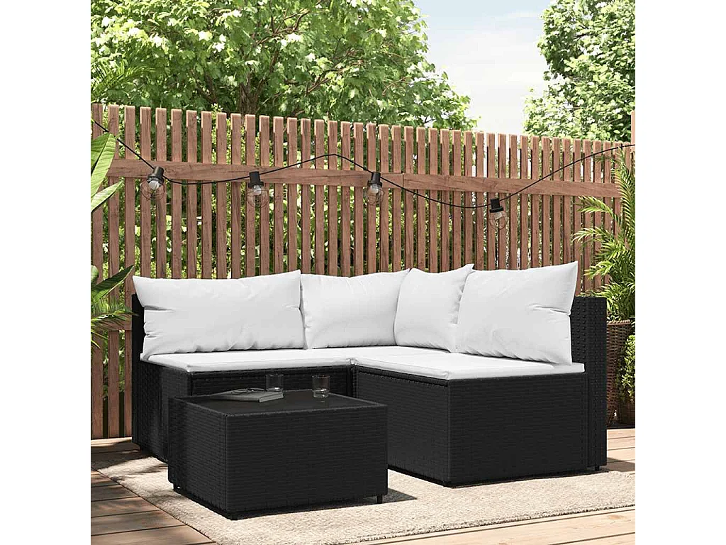 4 pcs conjunto lounge de jardim c/ almofadões vime PE preto