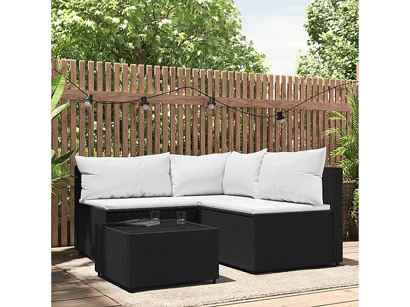 4-tlg. Garten-Lounge-Set mit Kissen Schwarz Poly Rattan