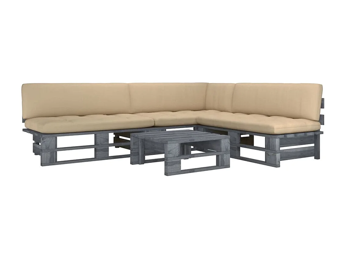 4 pcs conj. lounge paletes c/ almofadões pinho impregnado cinza