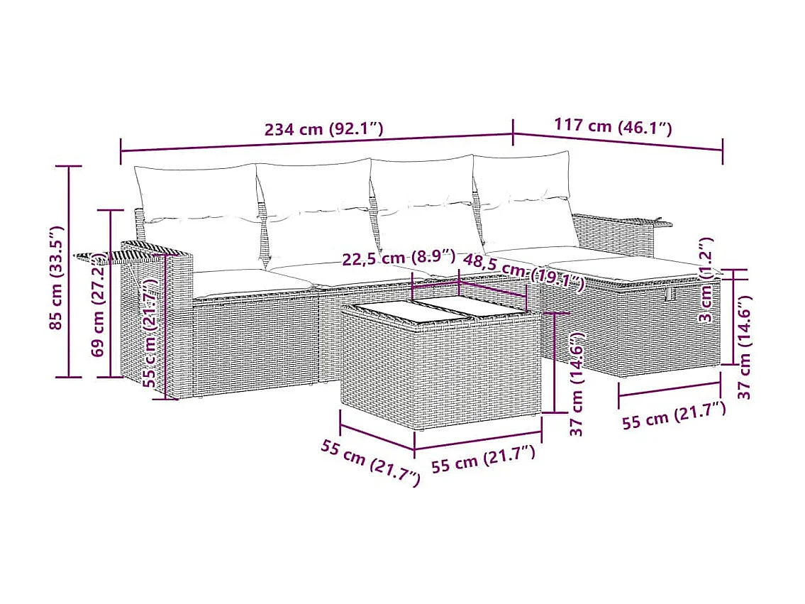 Set Divano da Giardino 6 pz con Cuscini Nero in Polyrattan