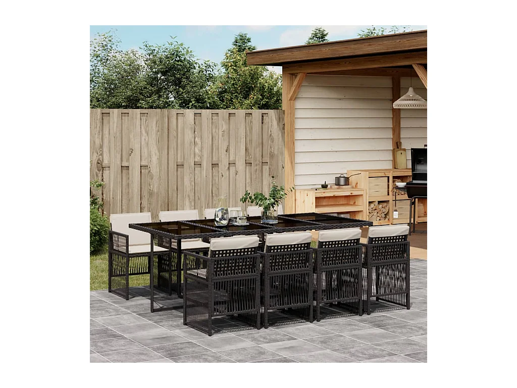 Ensemble à manger de jardin 9pcs coussins noir résine tressée