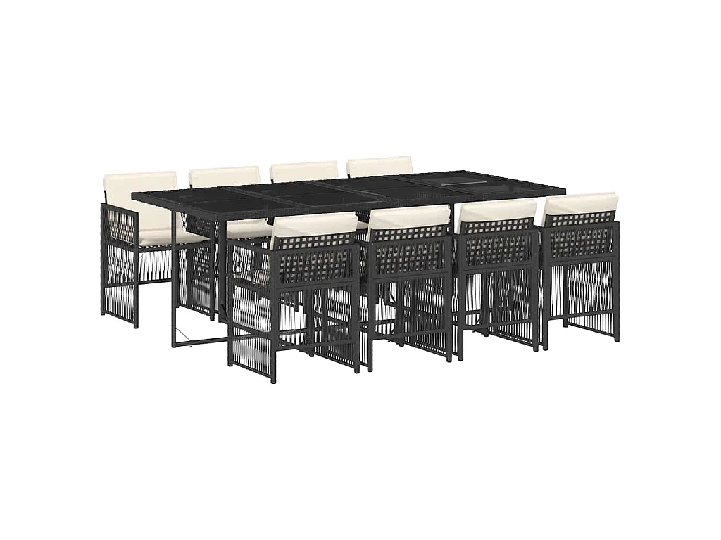 Set da Pranzo da Giardino 9 pz con Cuscini Nero in Polyrattan