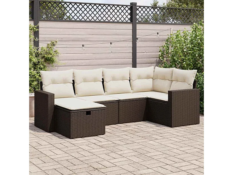 6-delige Loungeset met kussens poly rattan bruin
