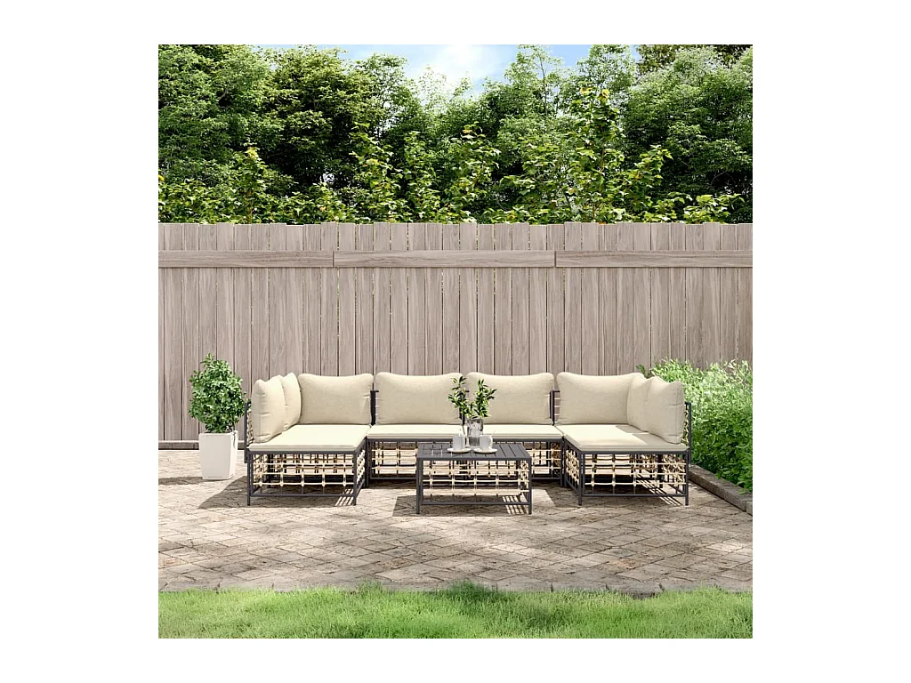 7-tlg. Garten-Lounge-Set mit Kissen Anthrazit Poly Rattan