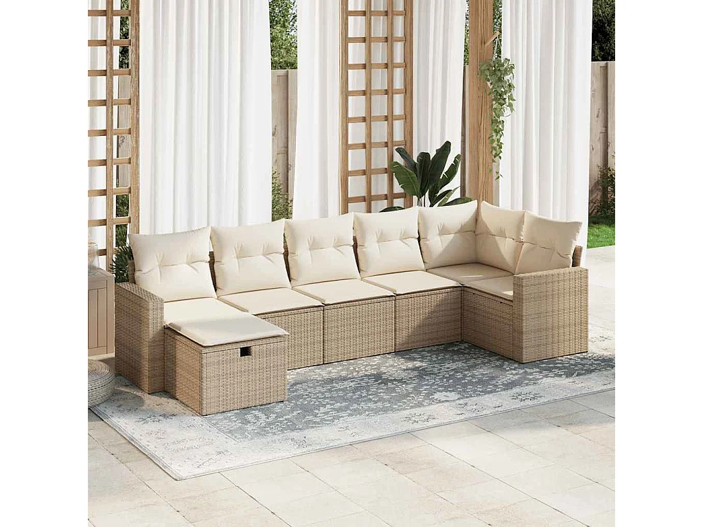 Salon de jardin avec coussins 7 pcs beige résine tressée