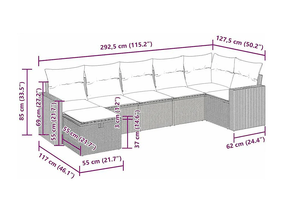 Salon de jardin avec coussins 7 pcs beige résine tressée
