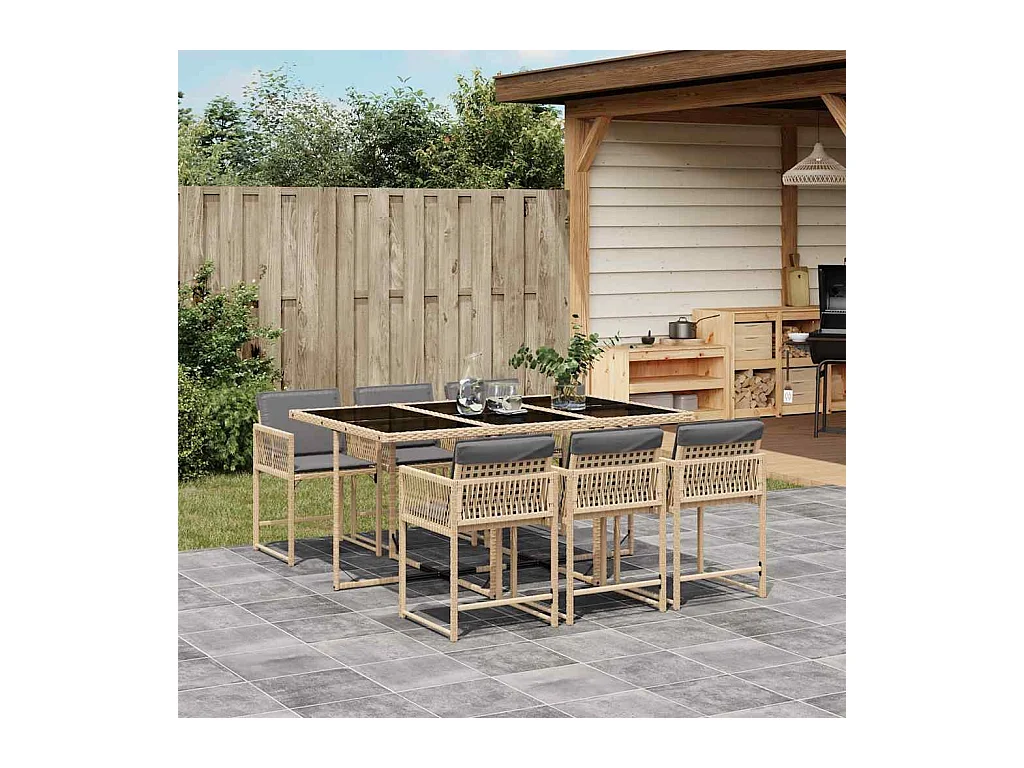 7-delige Tuinset met kussens poly rattan gemengd beige