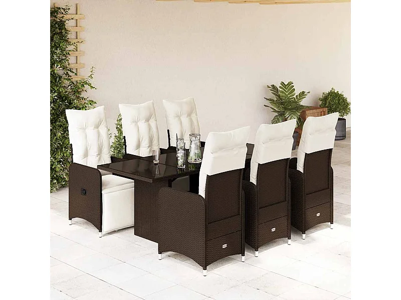 7-delige Bistroset met kussens poly rattan bruin