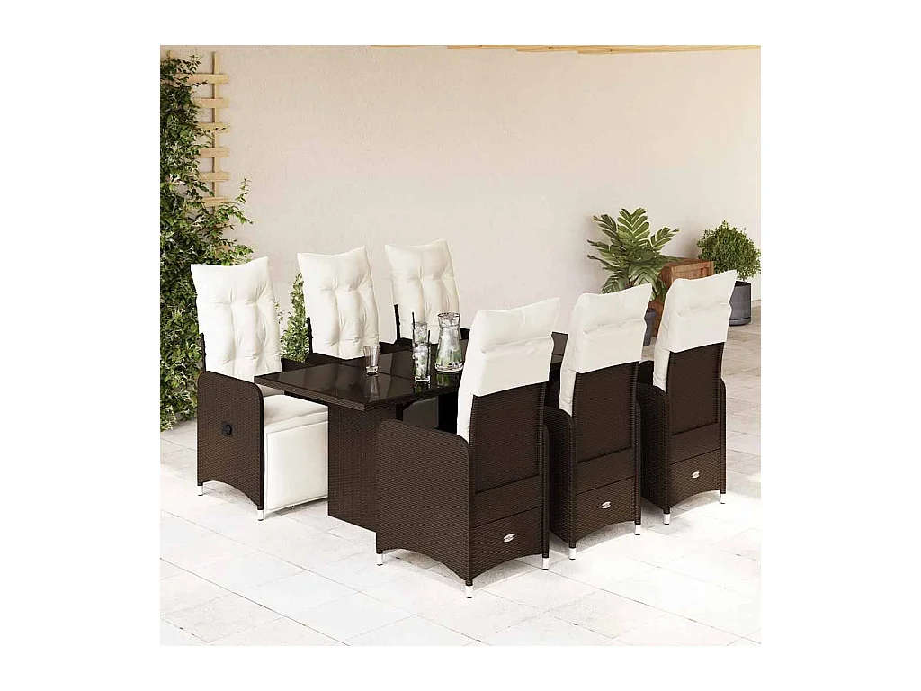 Ensemble de bistro de jardin 7 pcs coussins marron poly rotin