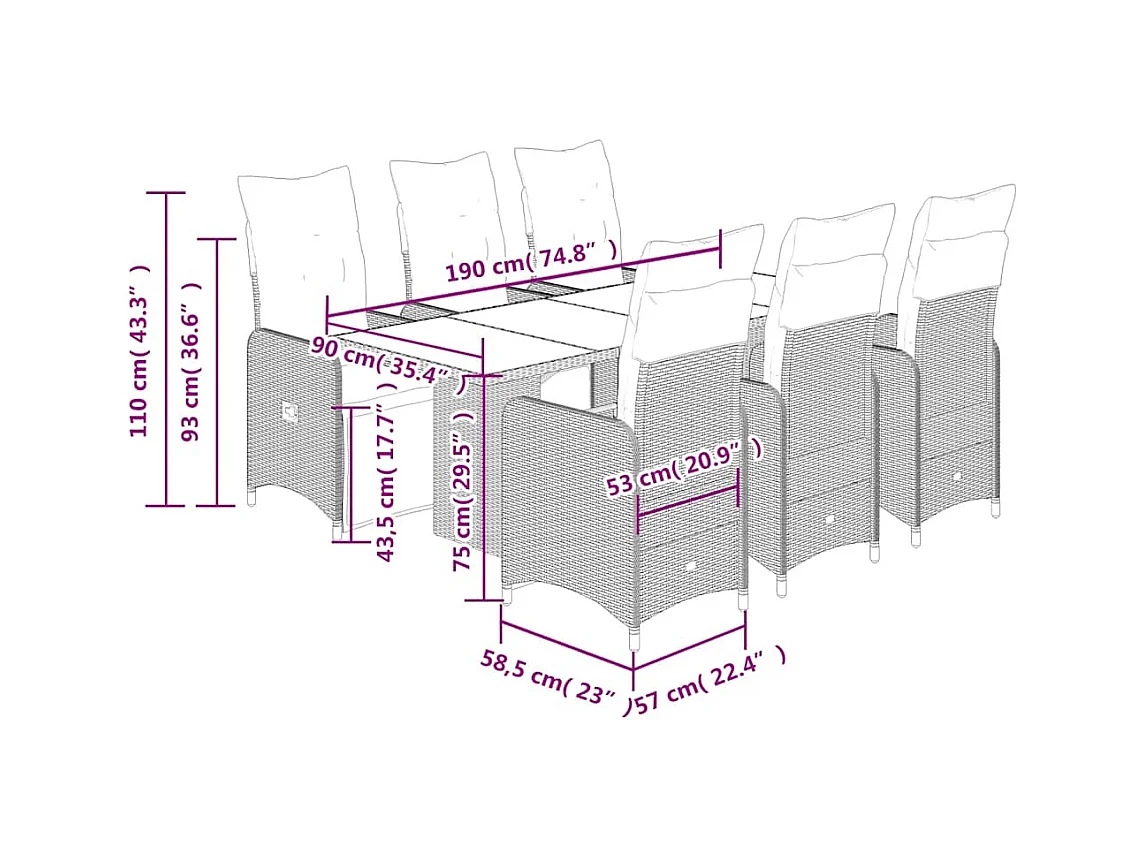 Ensemble de bistro de jardin 7 pcs coussins marron poly rotin