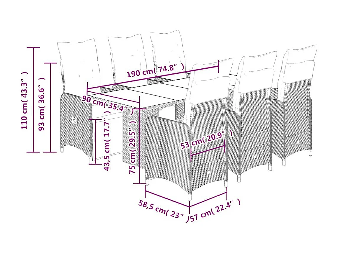 Set Bistrò da Giardino 7 pz con Cuscini in Polyrattan Marrone