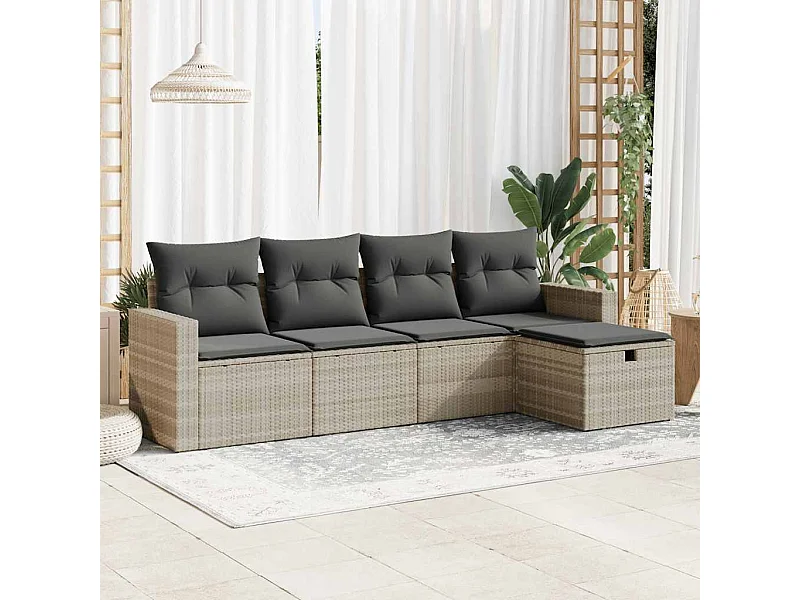 5 pcs conj. sofás jardim c/ almofadões vime PE cinzento-claro