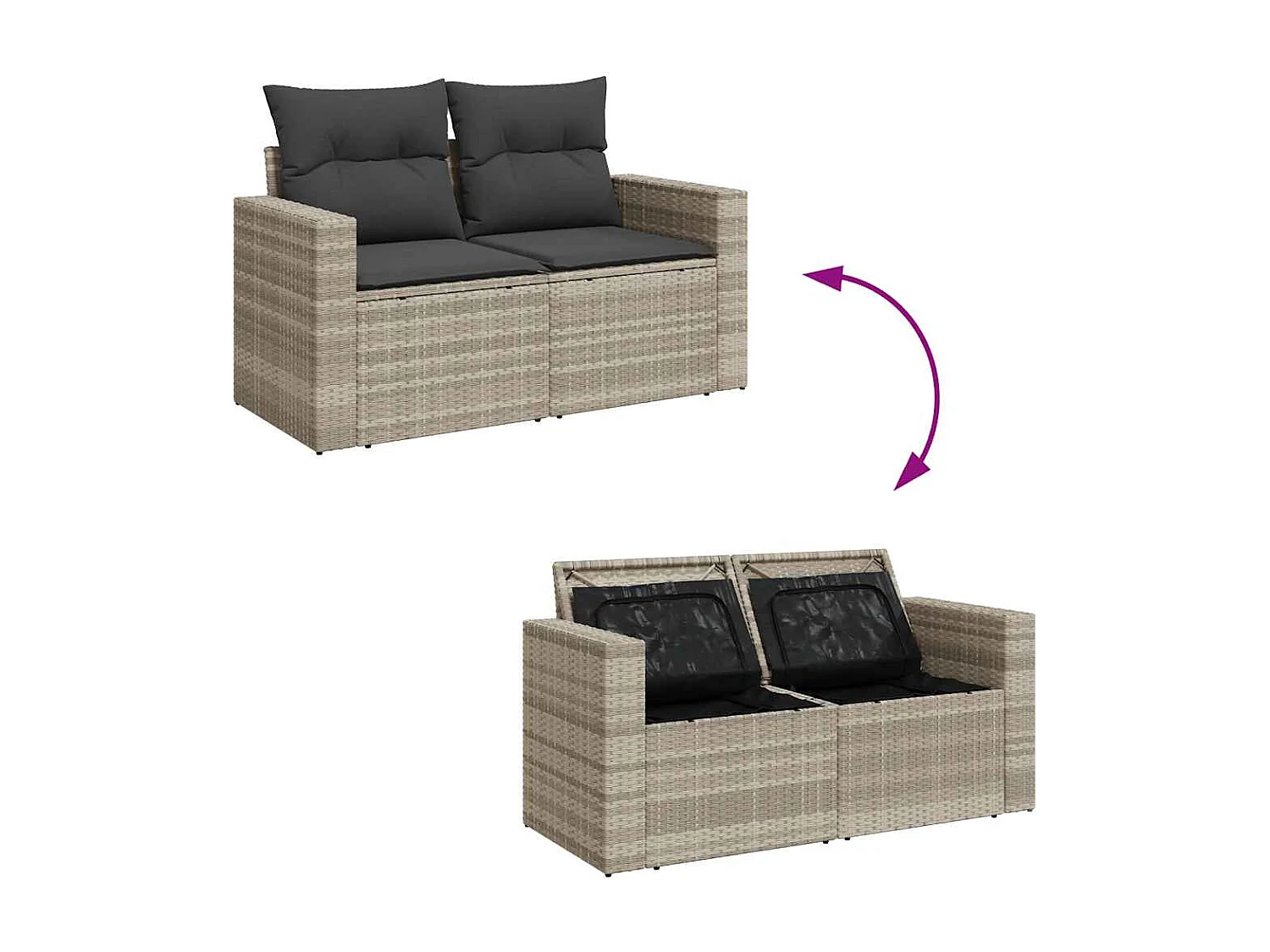 5 pcs conj. sofás jardim c/ almofadões vime PE cinzento-claro