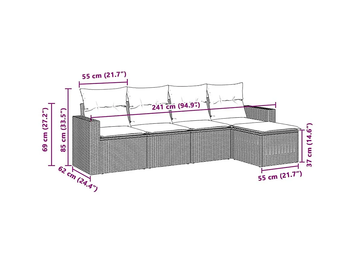 Salon de jardin 5 pcs avec coussins gris clair résine tressée