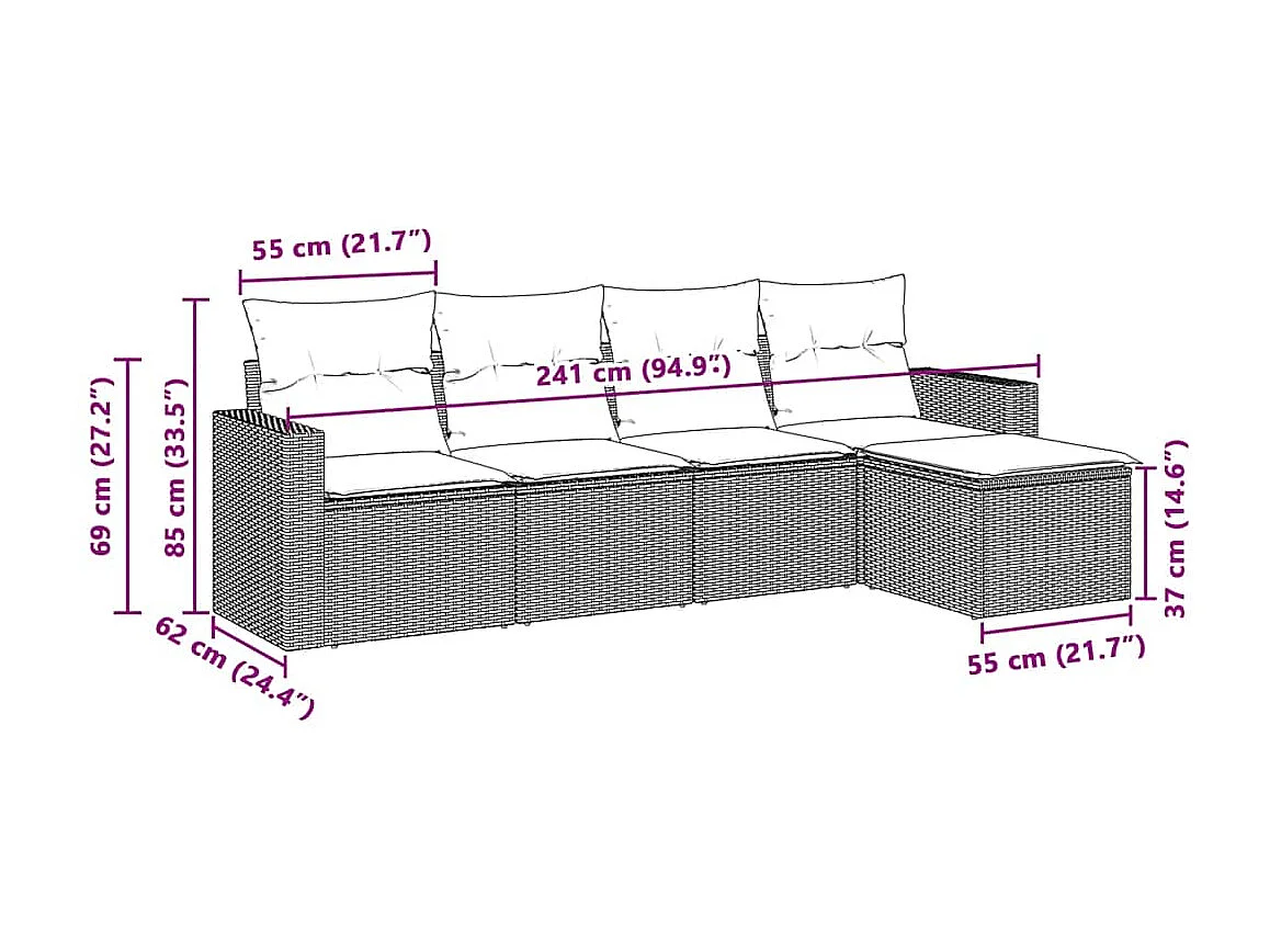 Salon de jardin 5 pcs avec coussins gris clair résine tressée