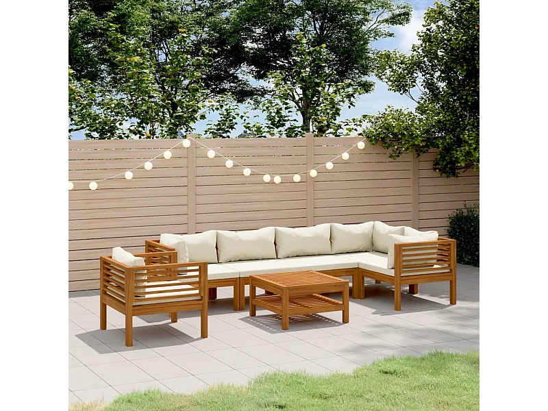 Set Divani da Giardino 7 pz con Cuscini Crema in Legno Acacia