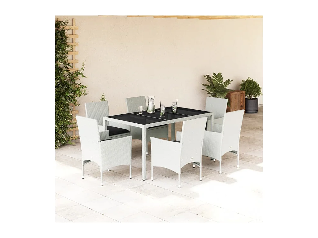 7-delige Tuinset met kussens poly rattan en glas wit