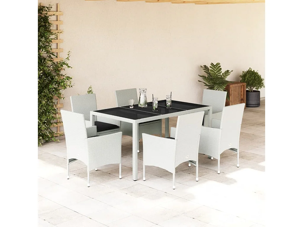 Ensemble à manger de jardin et coussins 7 pcs blanc rotin verre