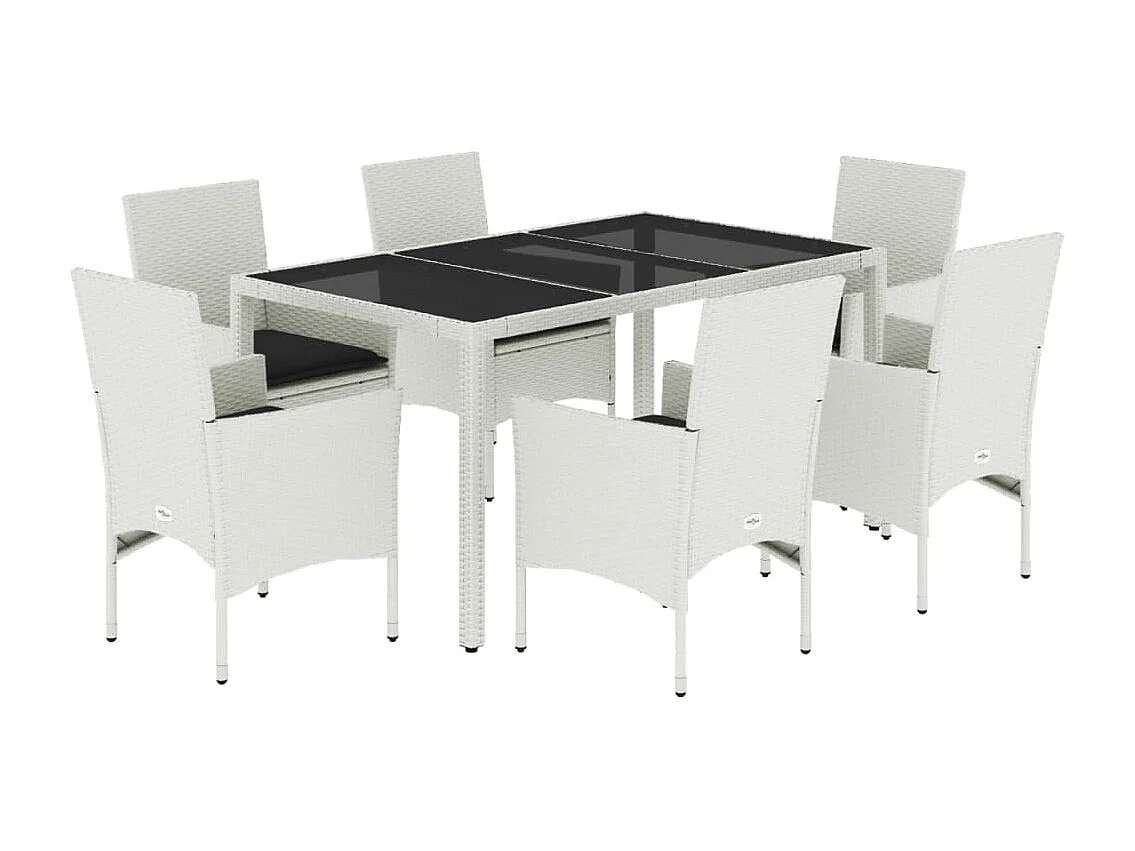 Ensemble à manger de jardin et coussins 7 pcs blanc rotin verre