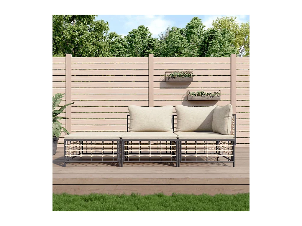 Juego de muebles de jardín 3 pzas cojines antracita ratán PE