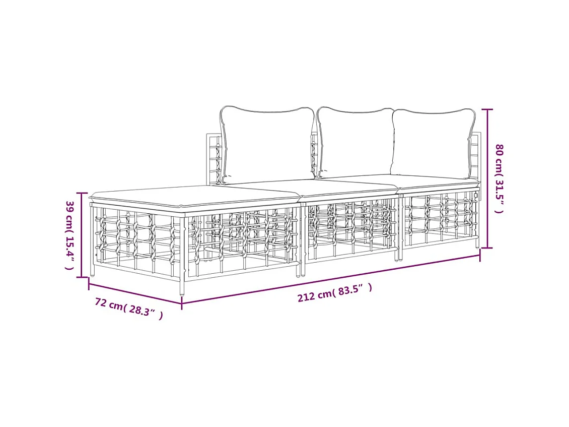 Juego de muebles de jardín 3 pzas cojines antracita ratán PE