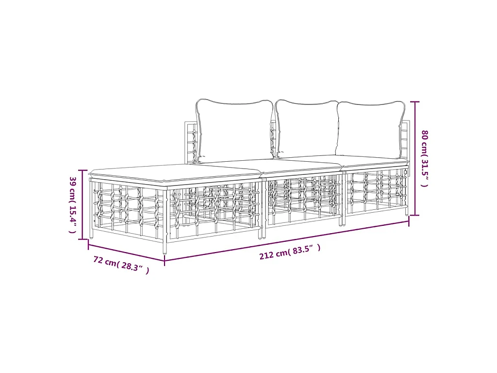 3-delige Loungeset met kussens poly rattan antracietkleurig