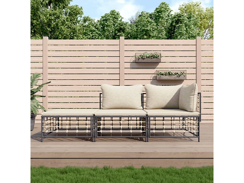 3-delige Loungeset met kussens poly rattan antracietkleurig