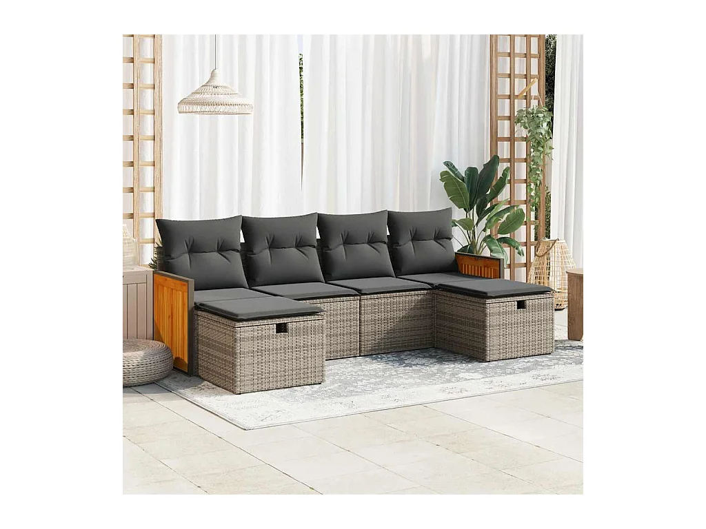 6-tlg. Garten-Sofagarnitur mit Kissen Grau Poly Rattan