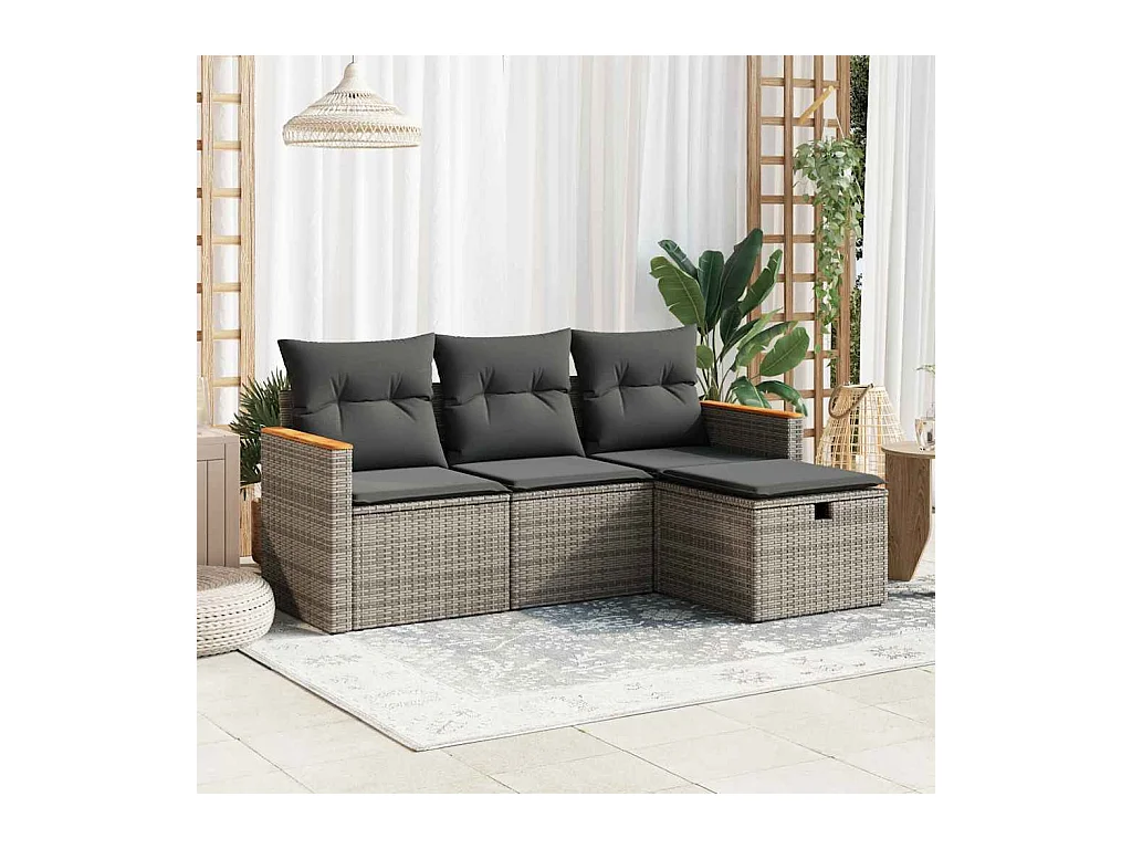 Set de sofás de jardín 4 pzas y cojines ratán sintético gris
