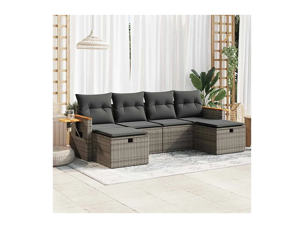 6-tlg. Garten-Sofagarnitur mit Kissen Grau Poly Rattan