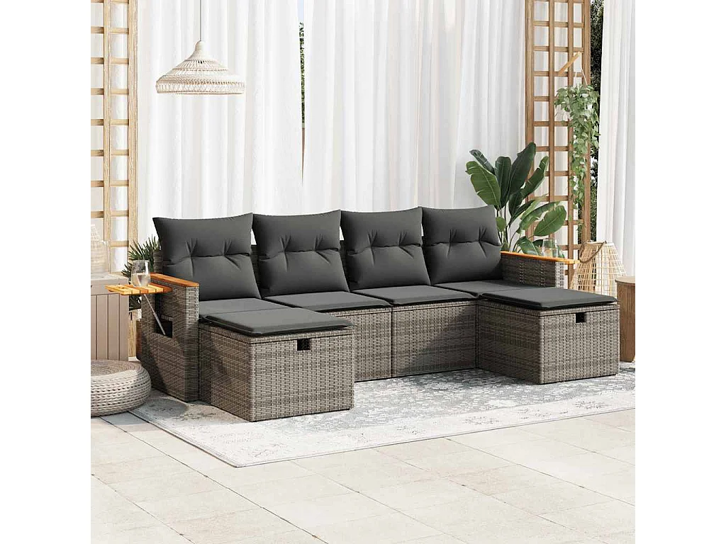 6 pcs conjunto sofás de jardim com almofadões vime cinzento