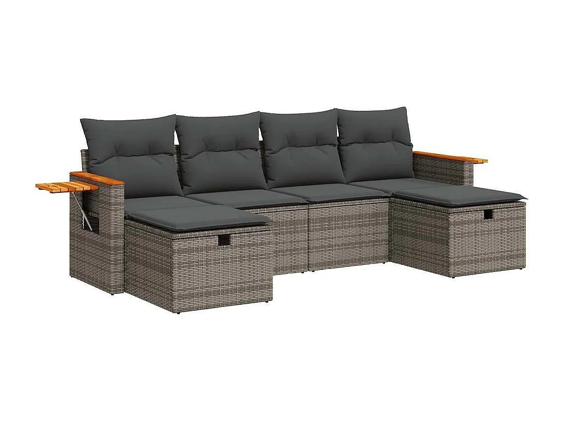 6 pcs conjunto sofás de jardim com almofadões vime cinzento