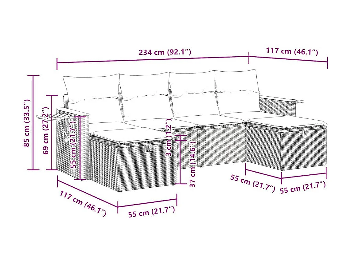 6 pcs conjunto sofás de jardim com almofadões vime cinzento