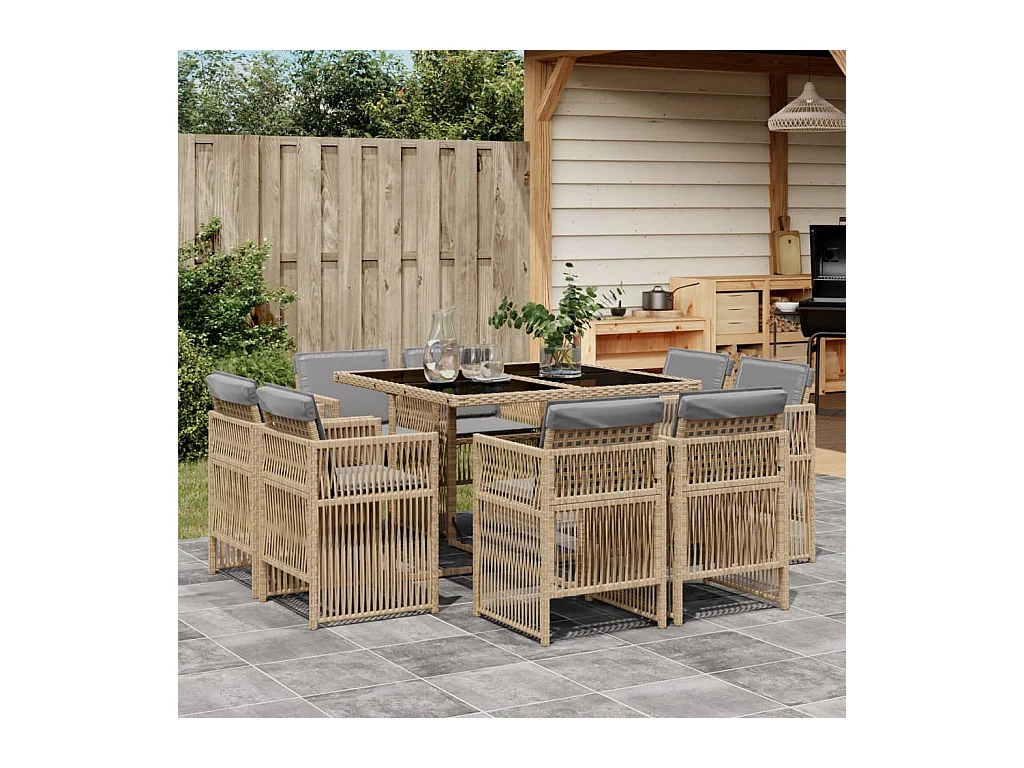 9-delige Tuinset met kussens poly rattan gemengd beige
