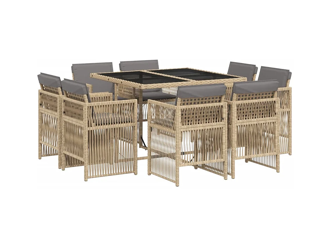 9-delige Tuinset met kussens poly rattan gemengd beige